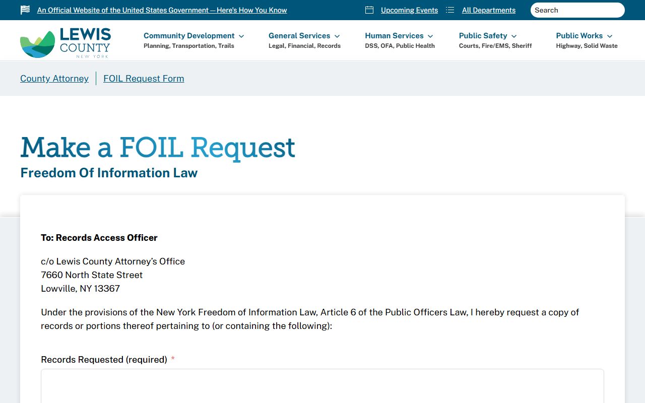 Lewis County inmate population FOIL records request form